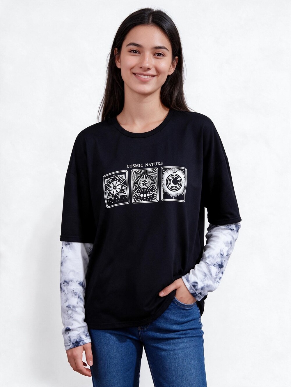 New SHEIN Cosmic Nature Graphic Long Sleeve Shirt Oversized Small